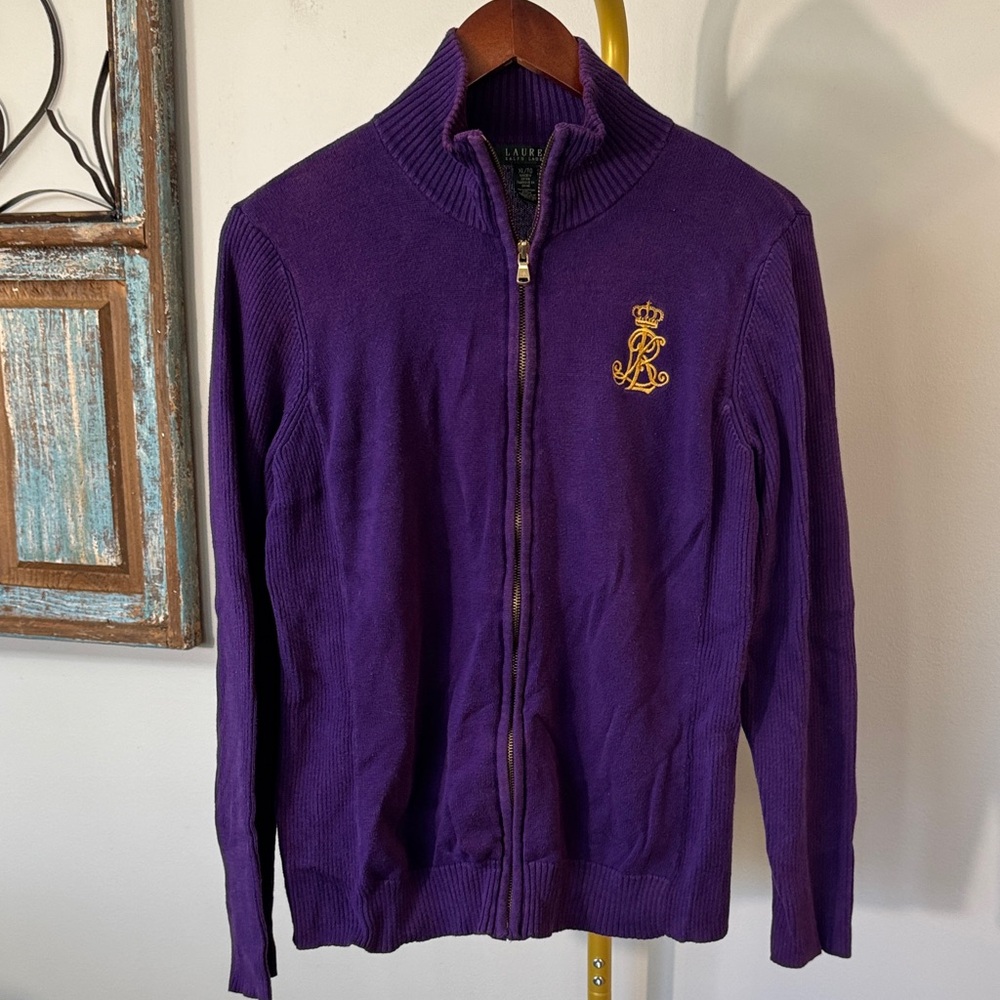 Ralph Lauren Purple Zip-Front Sweater with embroidered Gold Crest XL
